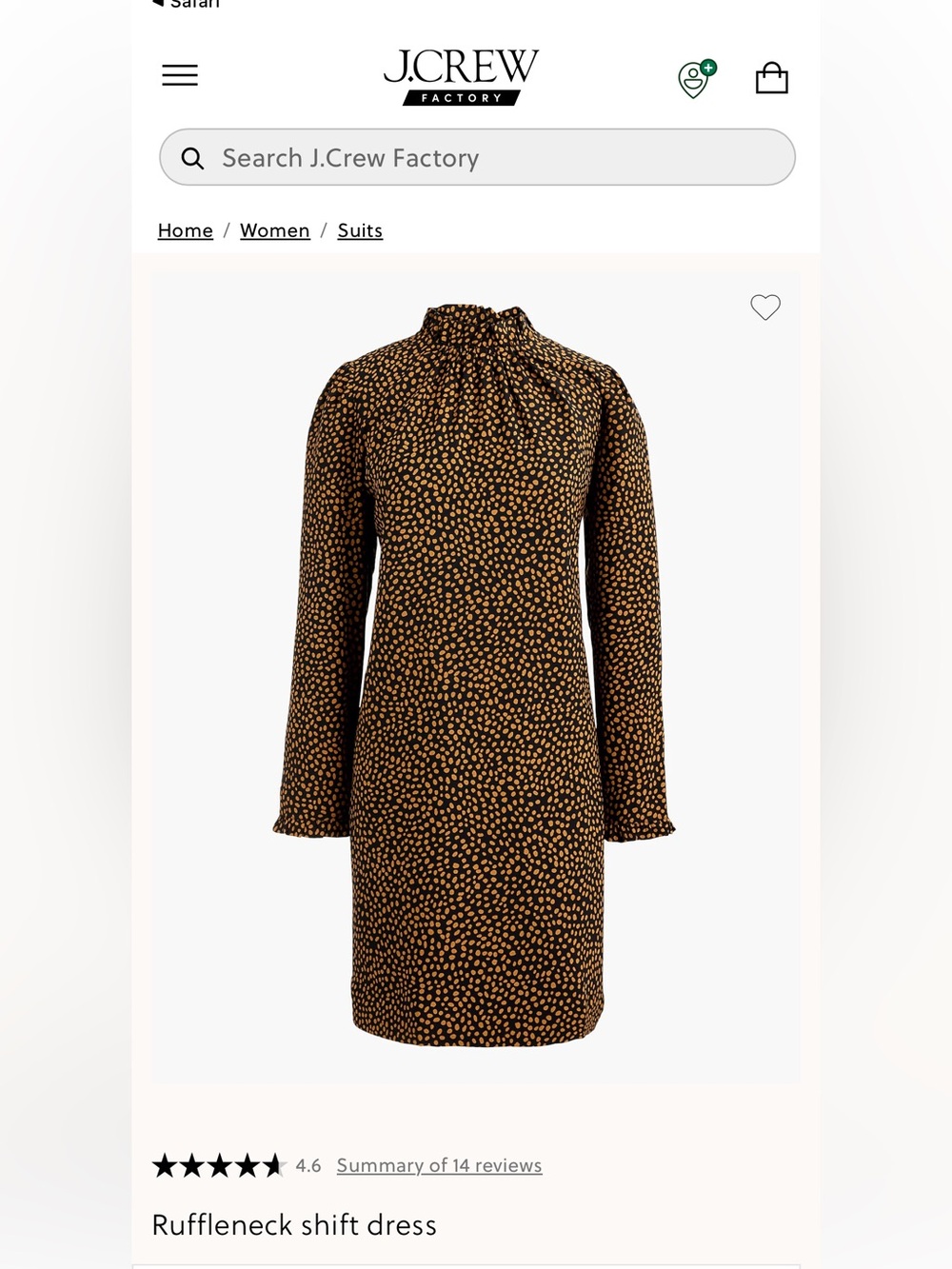 J. Crew Long-Sleeve Ruffleneck Shift Dress in Black with Tan Dot Print (NWT)